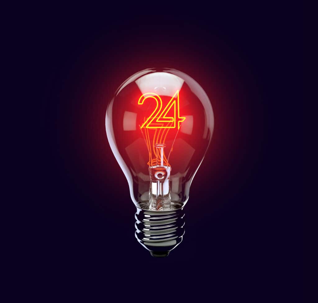 Open 24 hours. Light bulb illuminates with number 24. Brand Concept. 