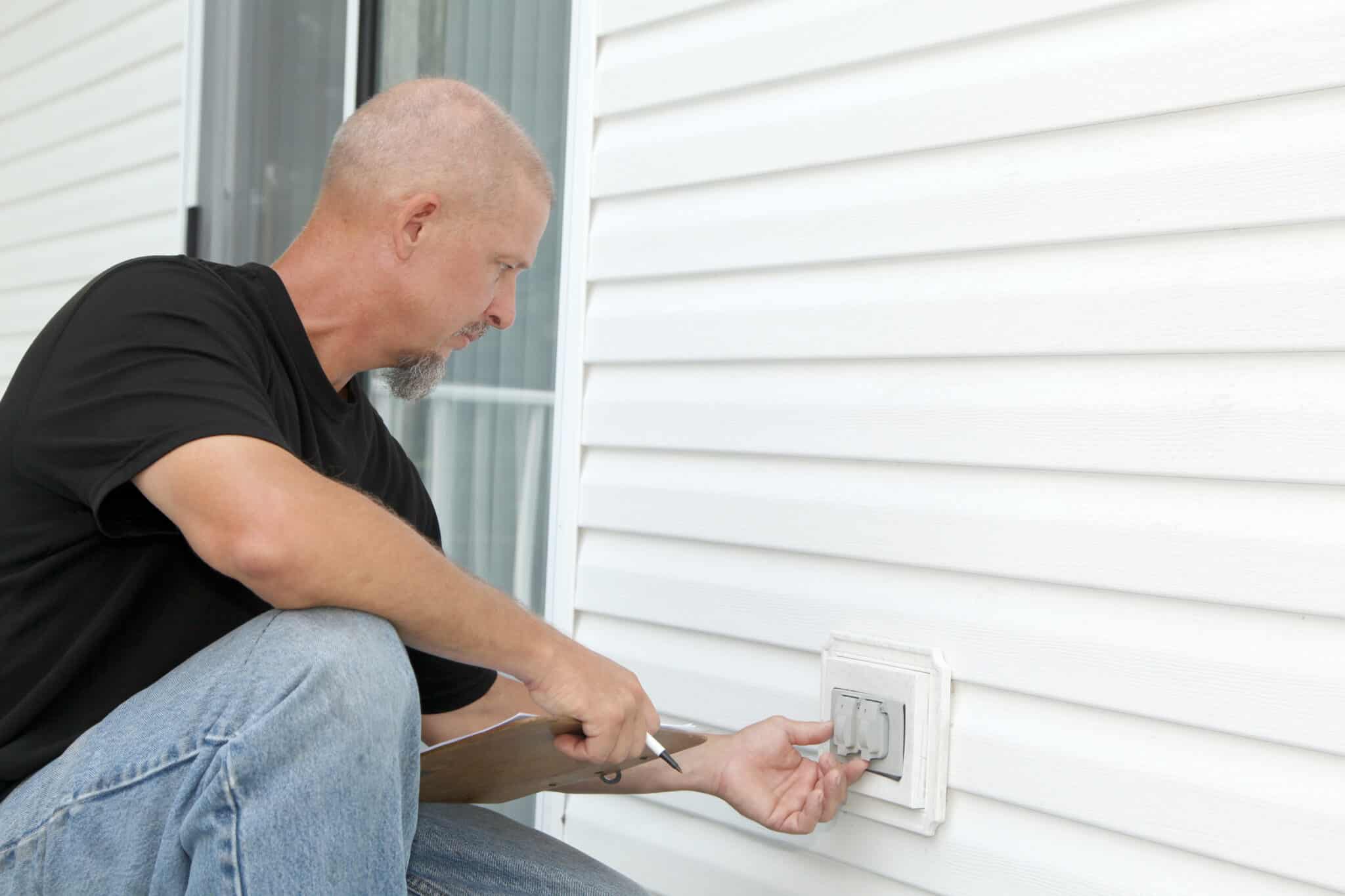Checking out electrical outlets on the outside of a residential home., Outdoor Electrical Safety.