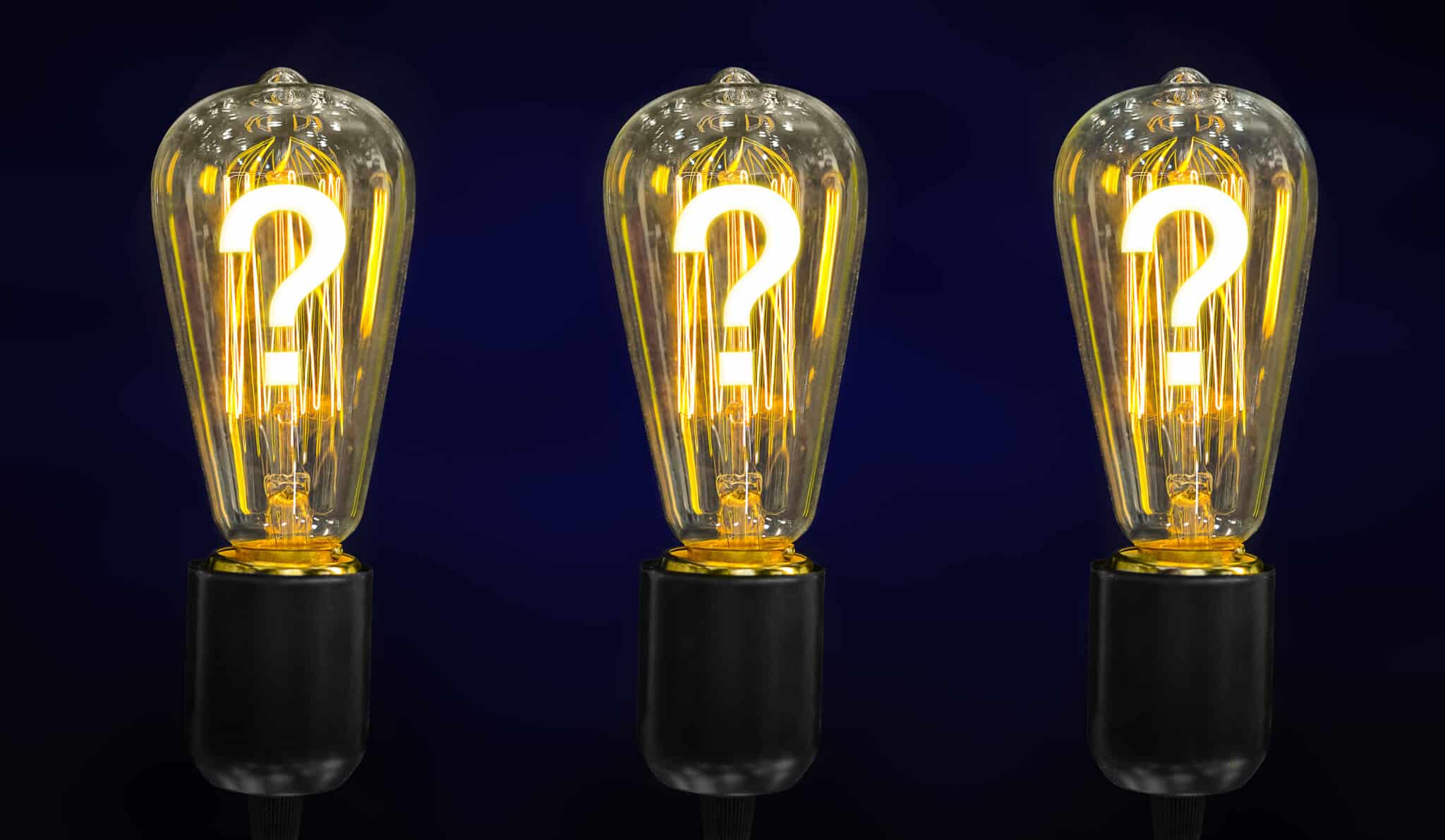 Bulb with glowing question mark inside, Modern Lighting Solutions.