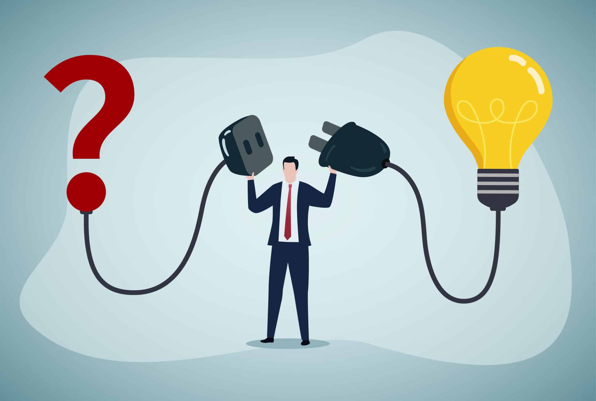 Man connecting light bulb to a question mark, Smart Outlets.